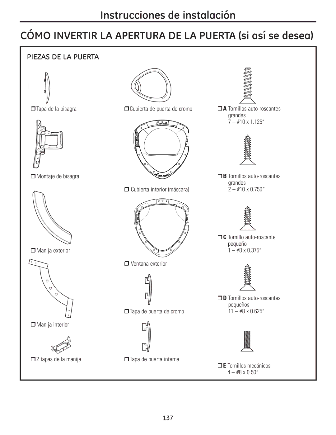 GE PFDN440, PFDS450, PFMN445, PFDS455, PFMS450, PFMN440, PFDN445, PFMS455 operating instructions Piezas DE LA Puerta 