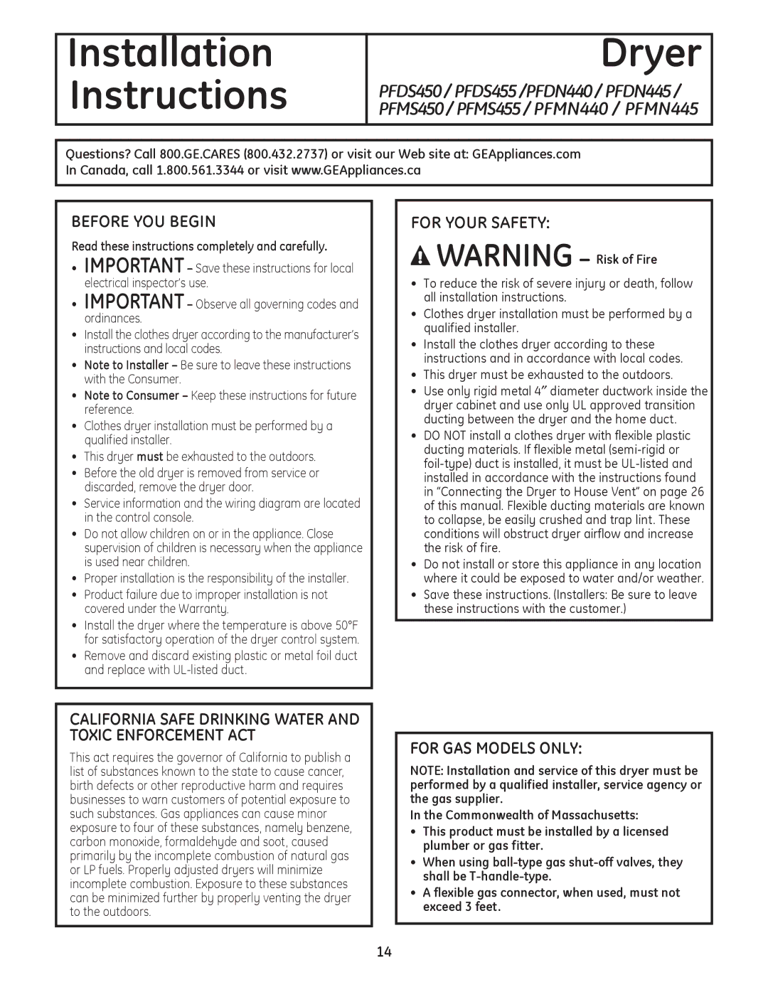 GE PFDN445 Before YOU Begin, For Your Safety, For GAS Models only, Read these instructions completely and carefully 