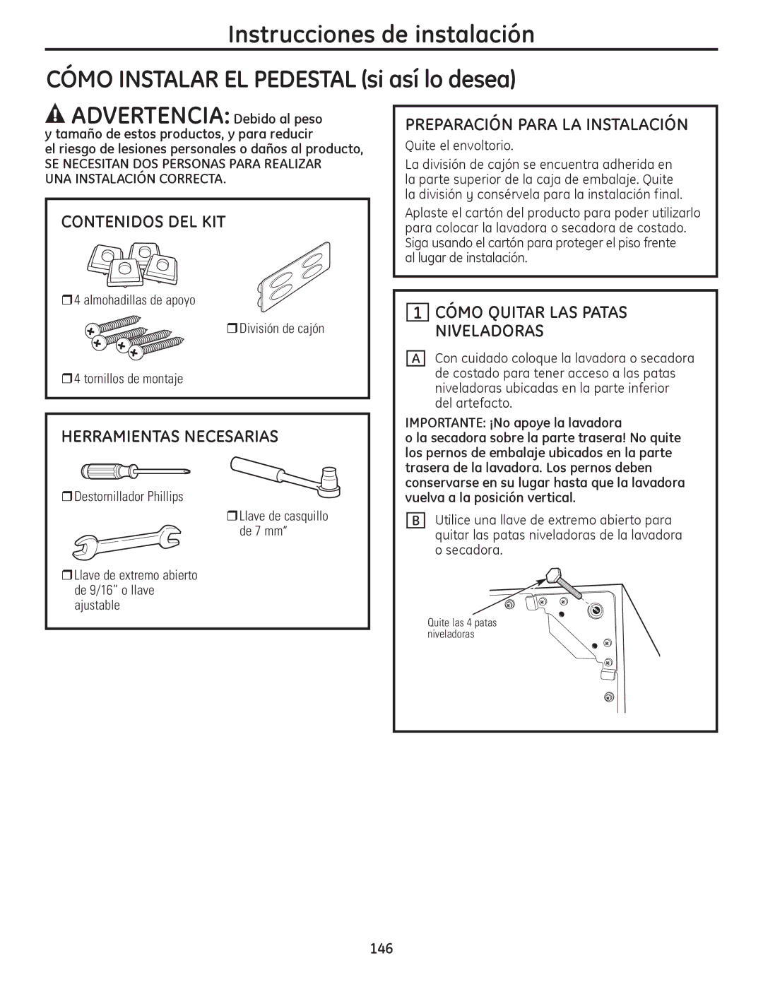 GE PFMN445, PFDS450, PFDN440, PFDS455, PFMS450, PFMN440, PFDN445, PFMS455 Cómo Quitar LAS Patas, Niveladoras 