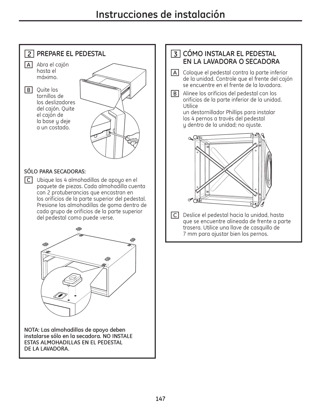 GE PFDS455, PFDS450, PFDN440, PFMN445, PFMS450 Prepare EL Pedestal, Cómo Instalar EL Pedestal EN LA Lavadora O Secadora 