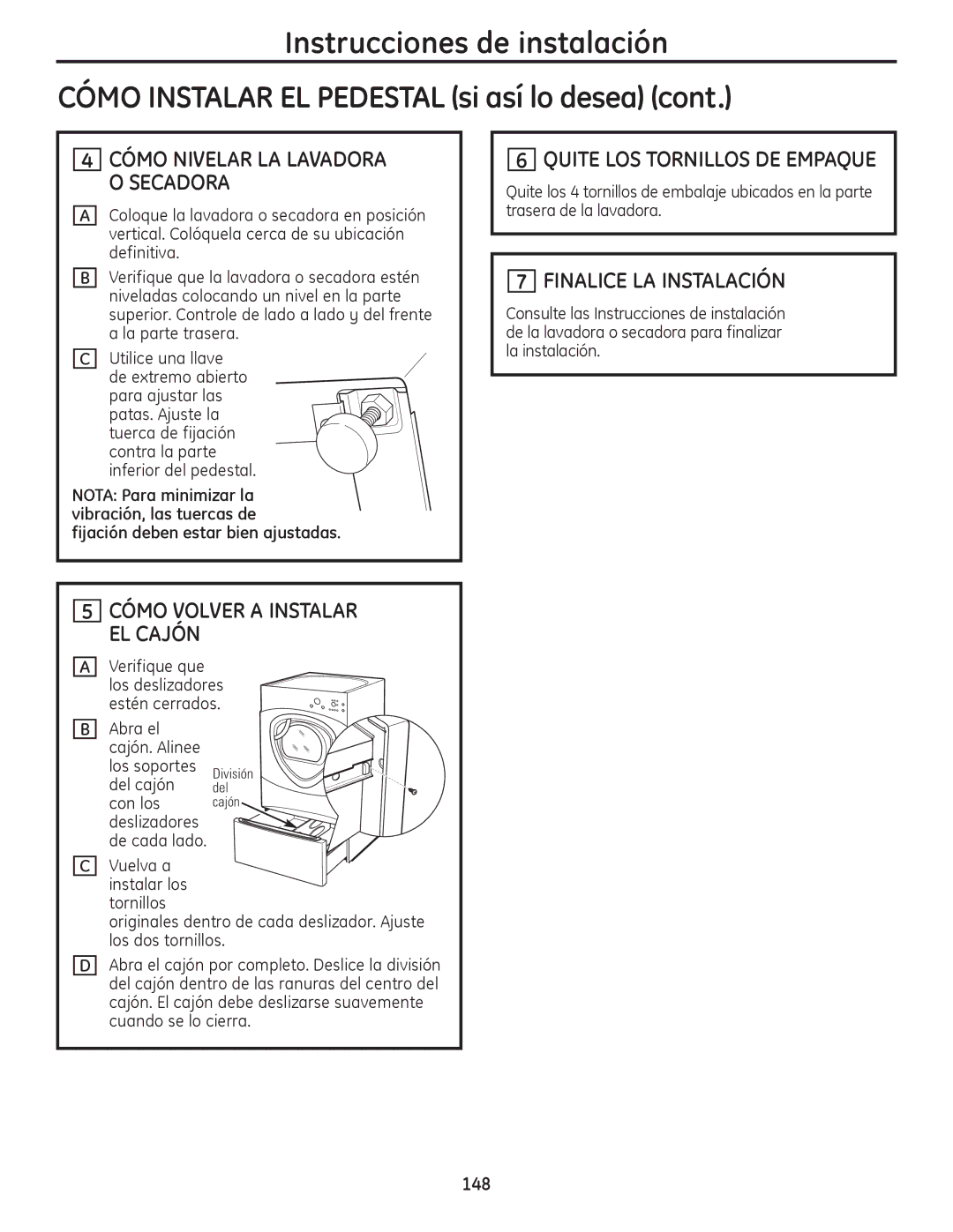 GE PFMS450, PFDS450 Cómo Nivelar LA Lavadora O Secadora, Quite LOS Tornillos DE Empaque, Cómo Volver a Instalar EL Cajón 