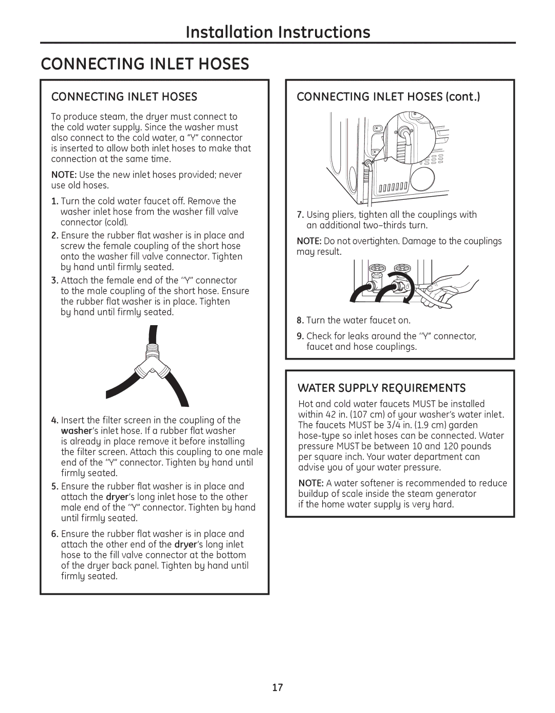 GE PFDN440, PFDS450, PFMN445, PFDS455, PFMS450, PFMN440, PFDN445, PFMS455 Connecting Inlet Hoses, Water Supply Requirements 