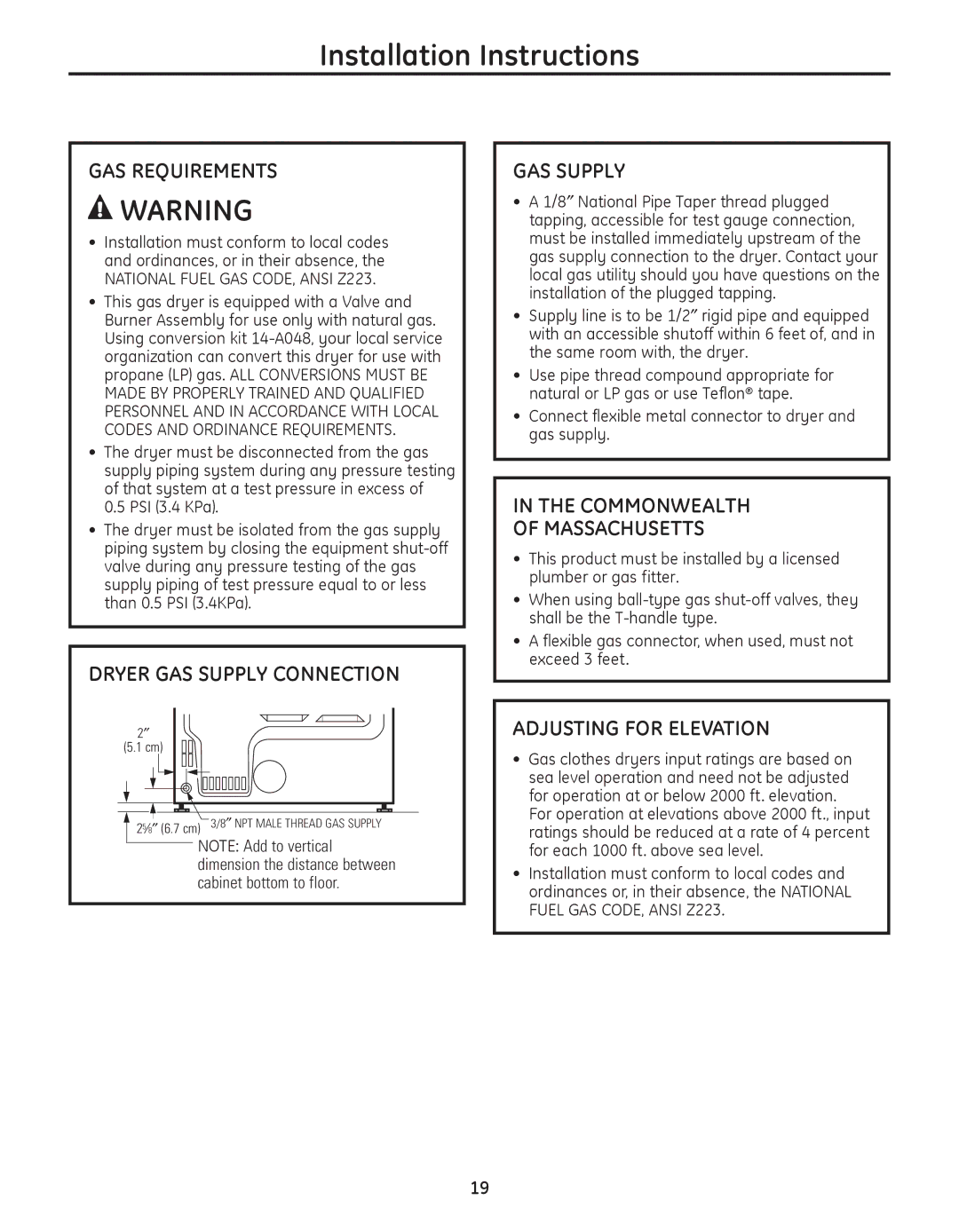 GE PFDS455, PFDS450 GAS Requirements, Dryer GAS Supply Connection, Commonwealth Massachusetts, ADjUSTING for Elevation 