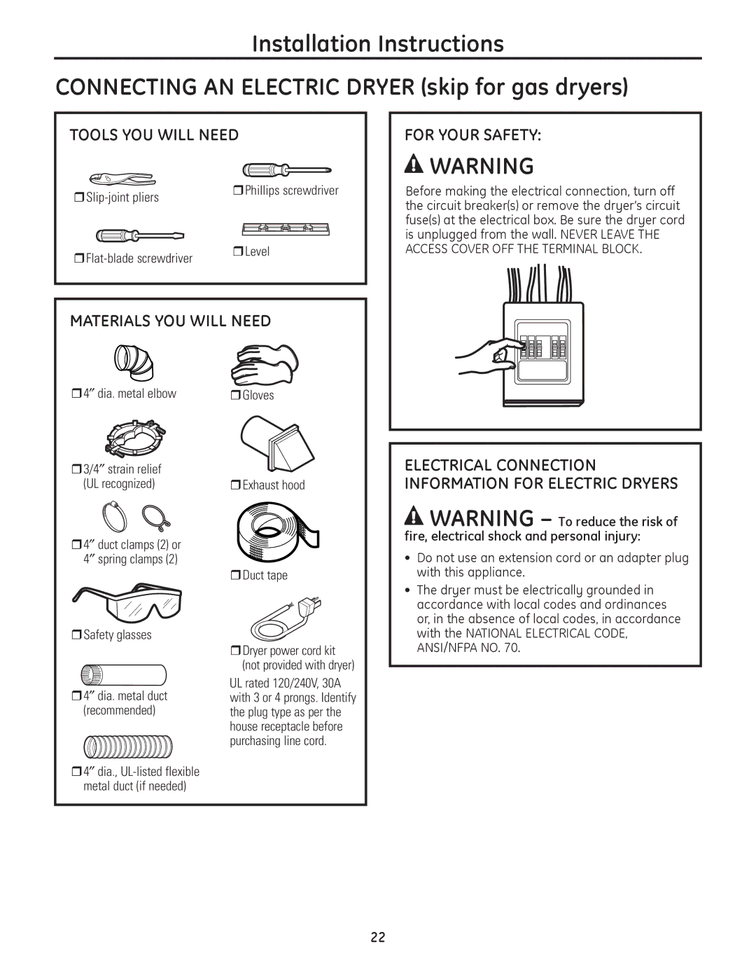 GE PFDN445, PFDS450, PFDN440 Materials YOU will Need For Your Safety, Electrical Connection Information for Electric Dryers 