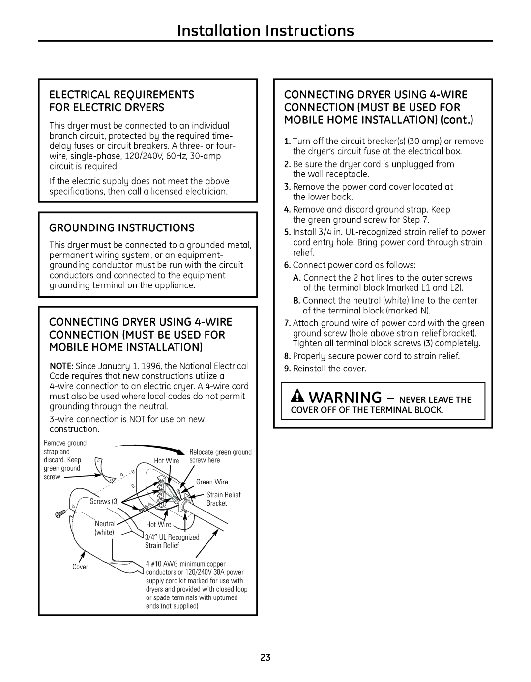 GE PFMS455, PFDS450, PFDN440, PFMN445, PFDS455, PFMS450 Electrical Requirements For Electric Dryers, Grounding Instructions 