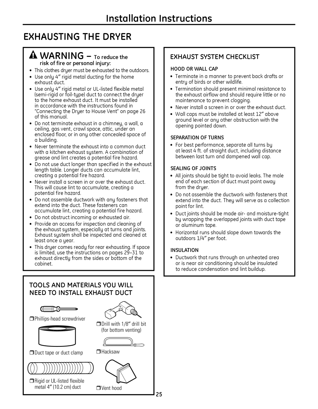 GE PFDN440 Exhausting the Dryer, Exhaust System Checklist, Tools and Materials YOU will Need to Install Exhaust Duct 