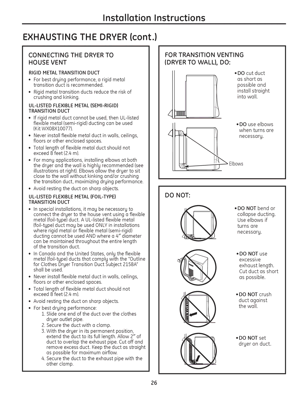 GE PFMN445, PFDS450, PFDN440, PFDS455, PFMS450, PFMN440, PFDN445, PFMS455 Connecting the Dryer to House Vent, Do not, Elbows 