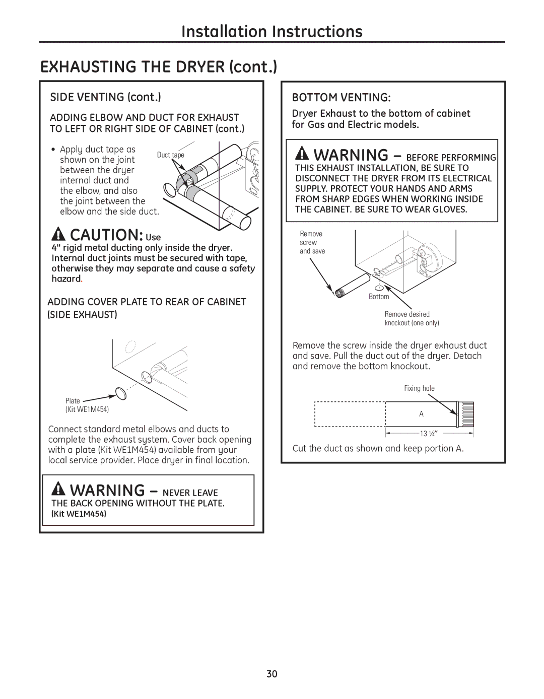 GE PFDN445, PFDS450 Exhausting the Dryer, Side Venting, Bottom Venting, Adding Cover Plate to Rear of Cabinet Side Exhaust 