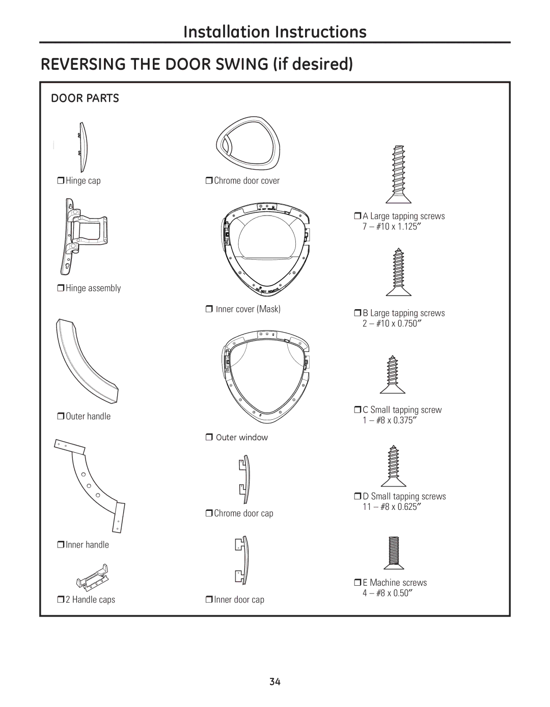 GE PFMN445, PFDS450, PFDN440, PFDS455, PFMS450, PFMN440, PFDN445, PFMS455 operating instructions Door Parts 