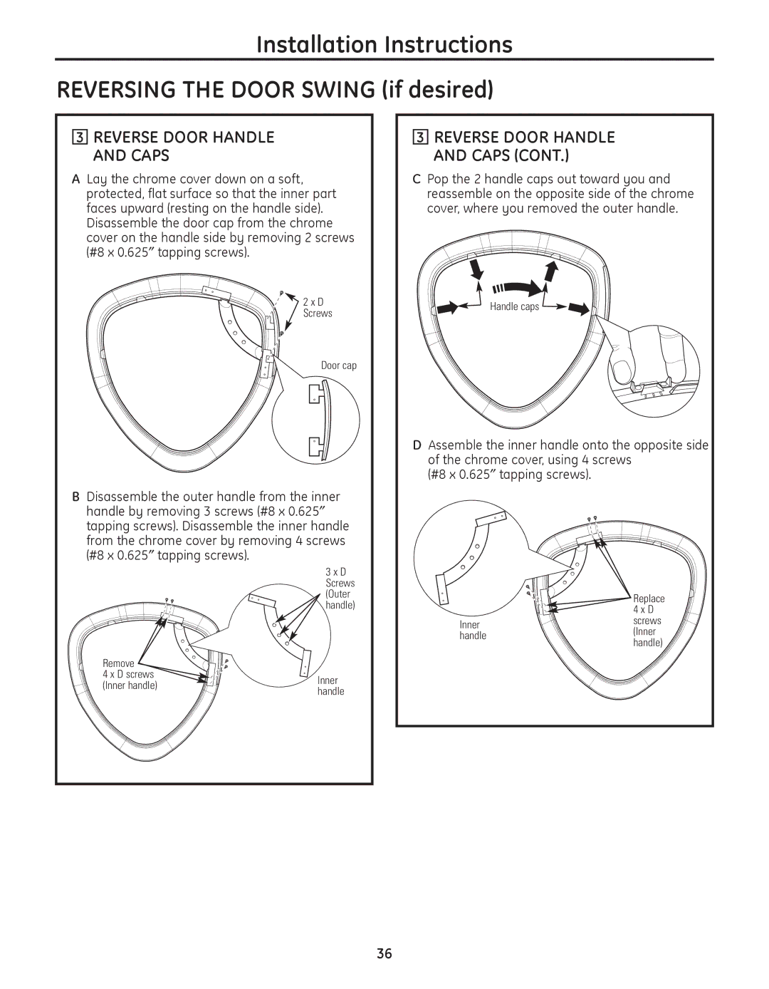 GE PFMS450, PFDS450, PFDN440, PFMN445, PFDS455, PFMN440, PFDN445, PFMS455 operating instructions Reverse Door Handle and Caps 