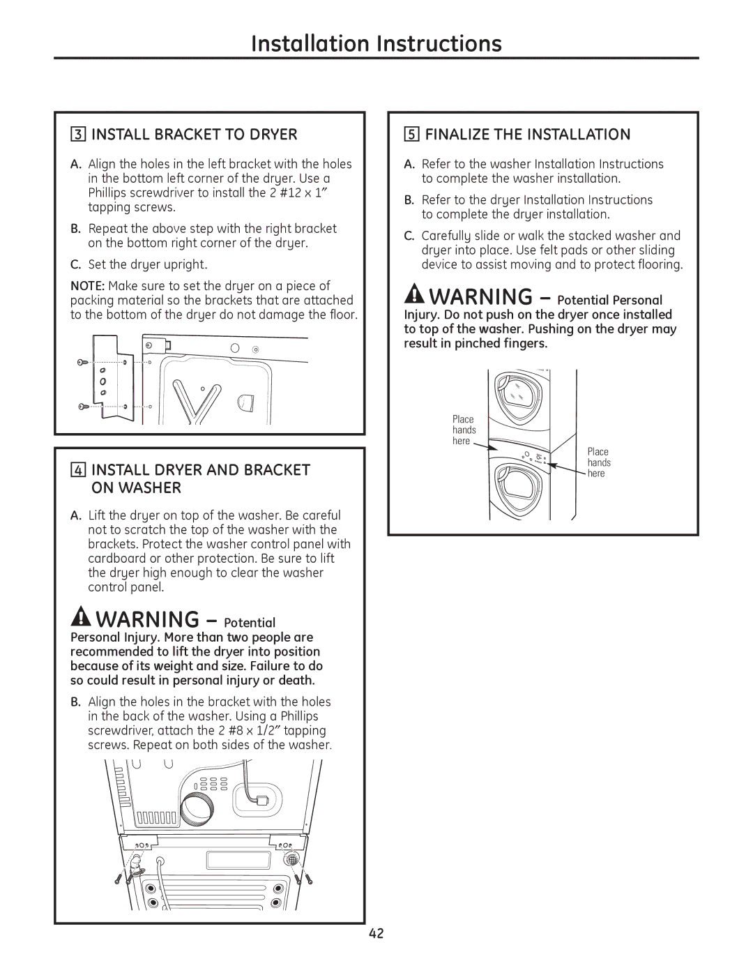 GE PFMN445, PFDS450, PFDN440 Install Bracket to Dryer, Install Dryer and Bracket on Washer, FINALIzE the Installation 