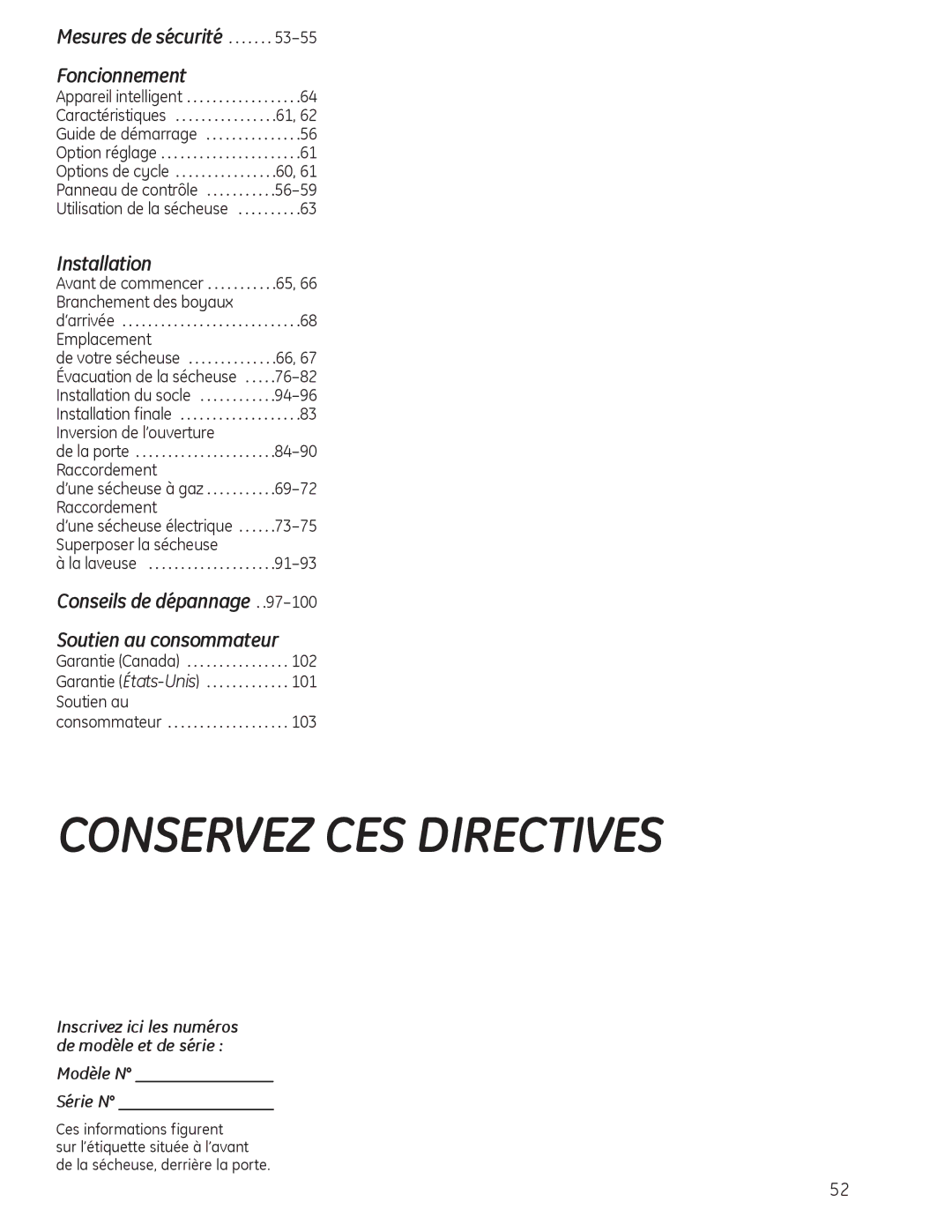 GE PFMS450, PFDS450, PFDN440 Emplacement, Inversion de l’ouverture, Raccordement, Superposer la sécheuse, Consommateur 