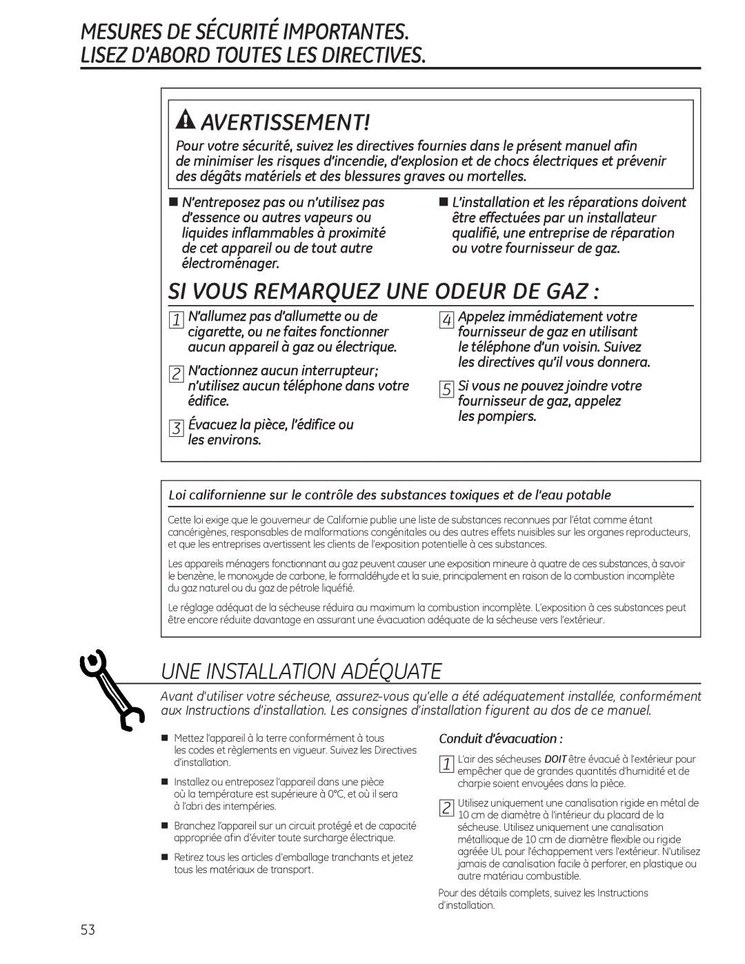 GE PFMN440, PFDS450, PFDN440, PFMN445, PFDS455, PFMS450, PFDN445, PFMS455 SI Vous Remarquez UNE Odeur DE GAZ 