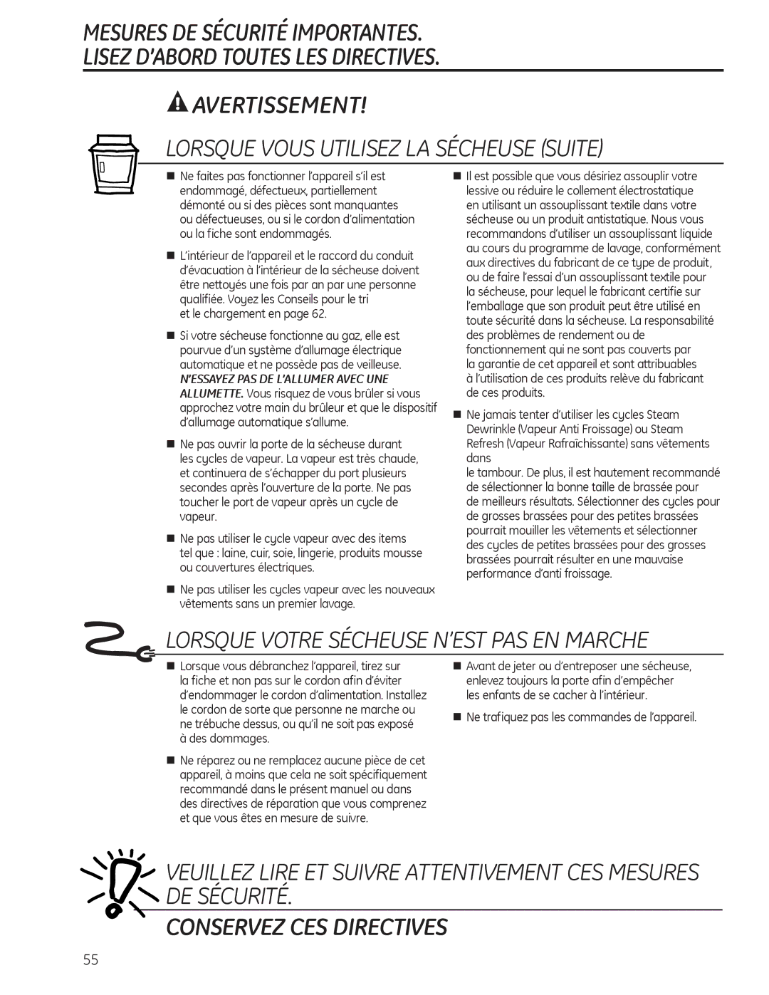 GE PFMS455, PFDS450, PFDN440, PFMN445, PFDS455, PFMS450, PFMN440, PFDN445 operating instructions Conservez CES Directives 