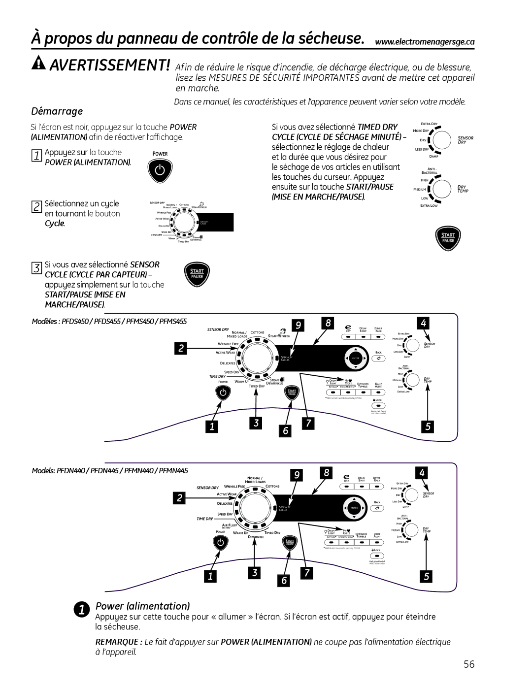 GE PFDS450, PFDN440, PFMN445, PFDS455, PFMS450, PFMN440, PFDN445, PFMS455 operating instructions Démarrage, En tournant le bouton 