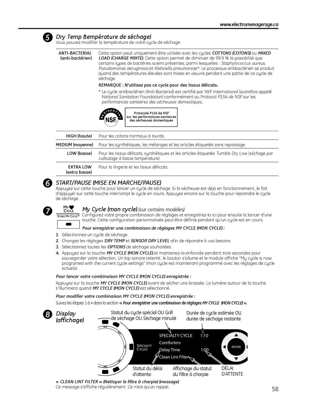 GE PFMN445, PFDS450, PFDN440, PFDS455, PFMS450, PFMN440, PFDN445, PFMS455 Dry Temp température de séchage, Displayaffichage 