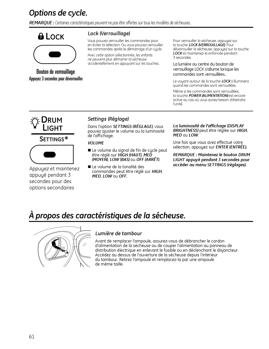 GE PFMN440, PFDS450 Propos des caractéristiques de la sécheuse, Lock Verrouillage, Settings Réglage, Lumière de tambour 