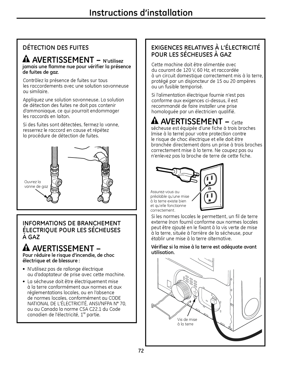 GE PFDS450 AVERTIssEMENT N’utilisez, AVERTIssEMENT Cette, Détection DEs FUITEs, Gaz, La procédure de détection de fuites 