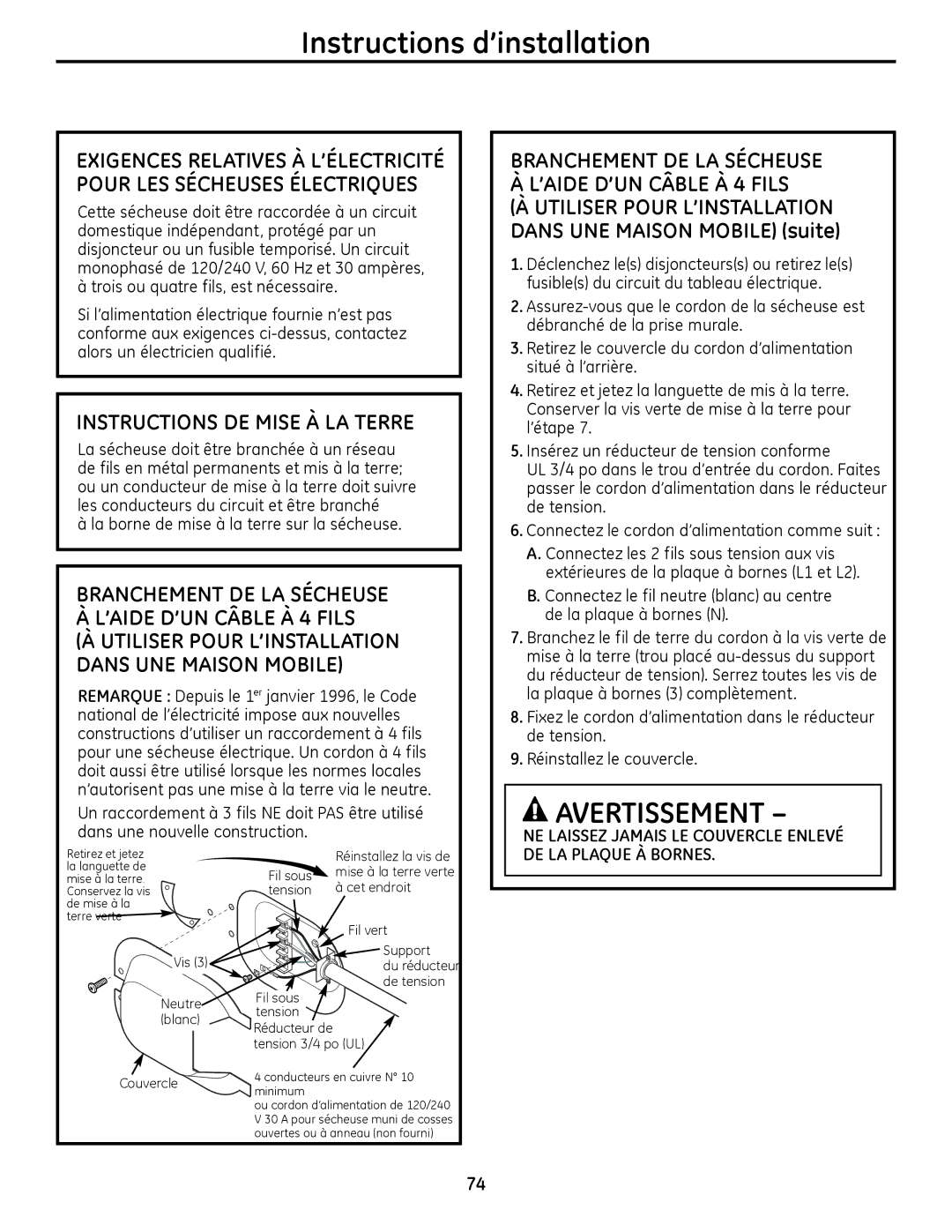 GE PFMN445, PFDS450 INsTRUCTIONs DE MIsE À LA Terre, La borne de mise à la terre sur la sécheuse, DE LA Plaque À BORNEs 