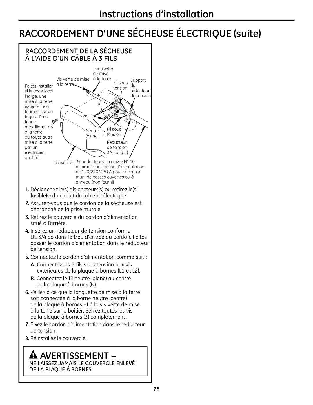 GE PFDS455, PFDS450, PFDN440, PFMN445, PFMS450, PFMN440, PFDN445 Raccordement DE LA sÉCHEUsE À L’AIDE D’UN Câble À 3 FILs 