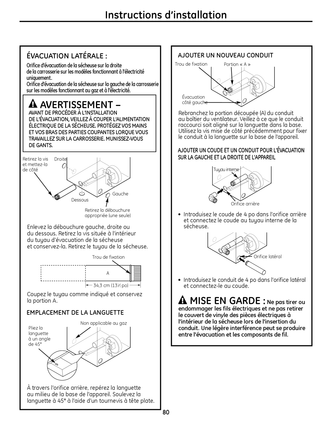 GE PFDS450 MIsE EN Garde Ne pas tirer ou, Évacuation Latérale, Emplacement DE LA Languette, Ajouter UN Nouveau Conduit 