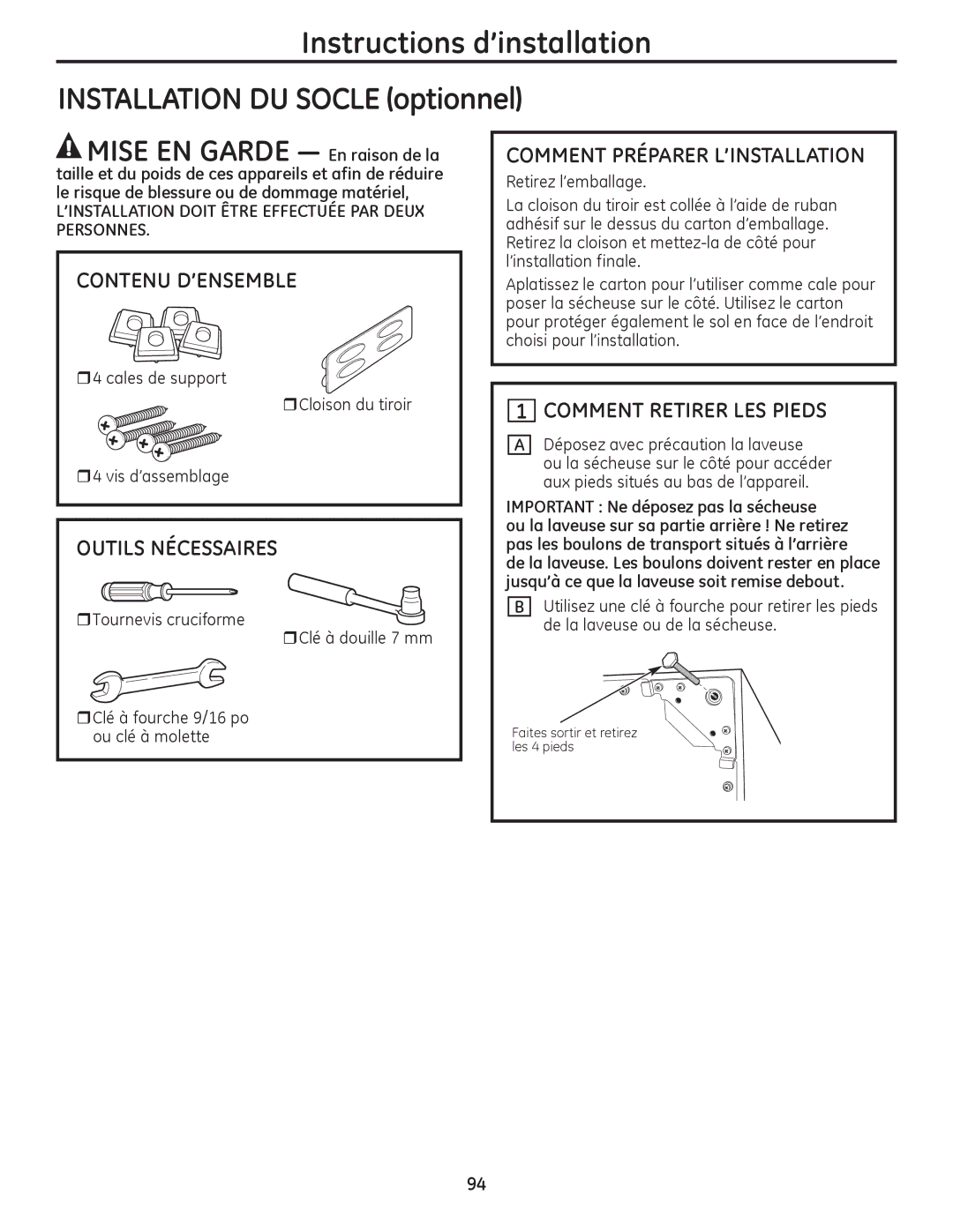 GE PFDN445, PFDS450, PFDN440, PFMN445 MIsE EN Garde En raison de la, Contenu D’ENsEMBLE, Comment Préparer L’INsTALLATION 