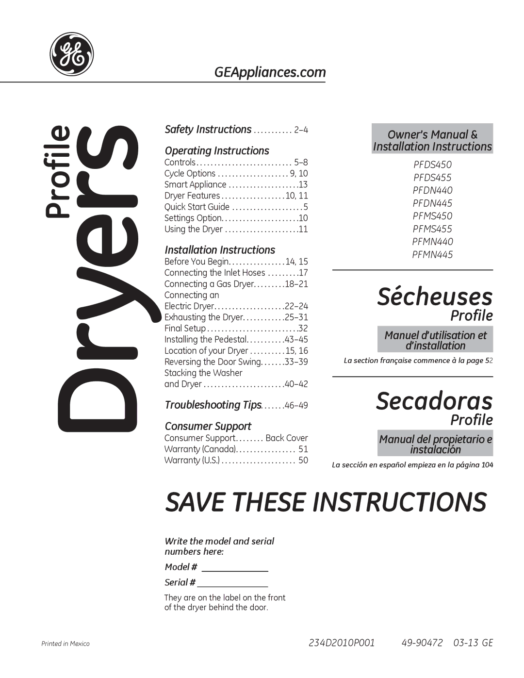 GE PFDN440, PFDS450, PFMN445, PFDS455, PFMS450, PFMN440, PFDN445, PFMS455 operating instructions DryersProfile 