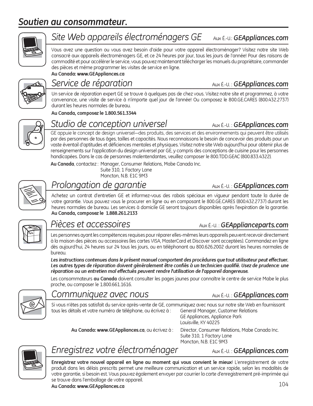 GE PFDS450, PFDN440, PFMN445, PFDS455, PFMS450, PFMN440, PFDN445, PFMS455 Soutien au consommateur, Aux É.-U. GEAppliances.com 