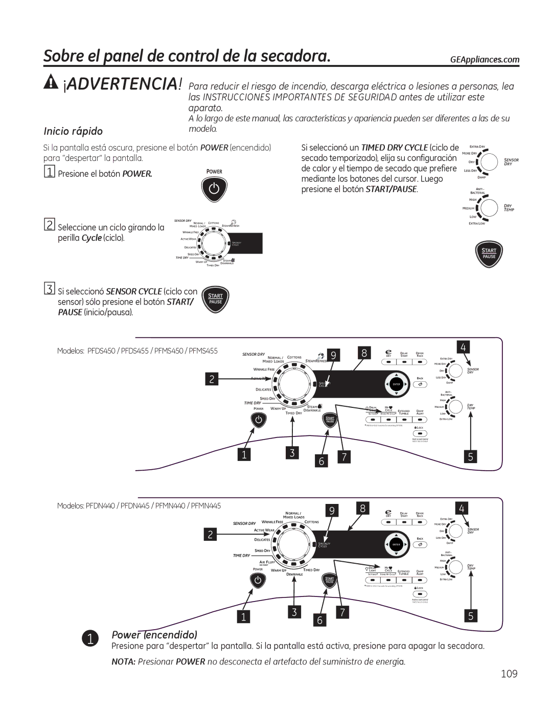 GE PFMN440, PFDS450, PFDN440, PFMN445, PFDS455 Sobre el panel de control de la secadora, Inicio rápido, Power encendido 