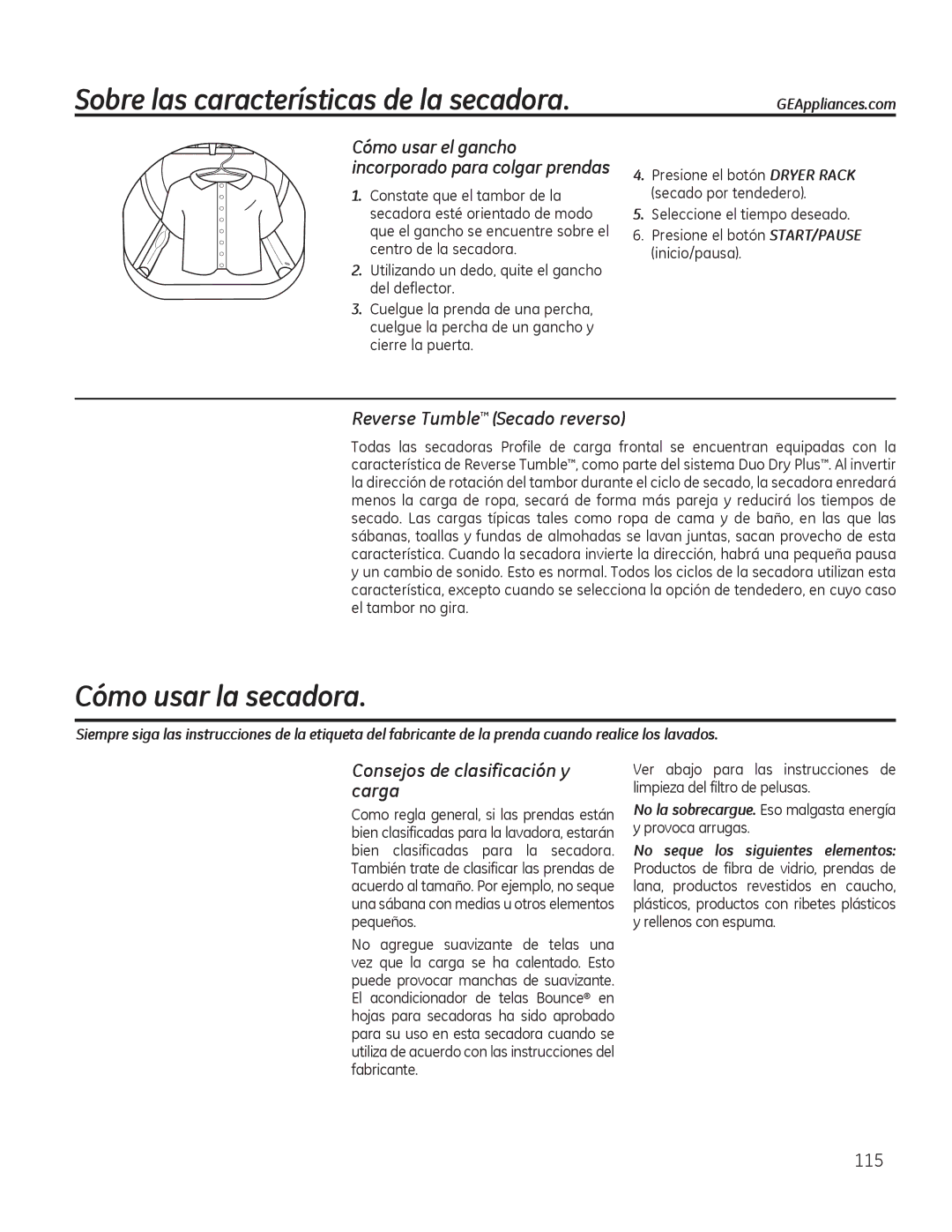 GE PFDS455, PFDS450, PFDN440 Cómo usar la secadora, Reverse Tumble Secado reverso, Consejos de clasificación y carga 