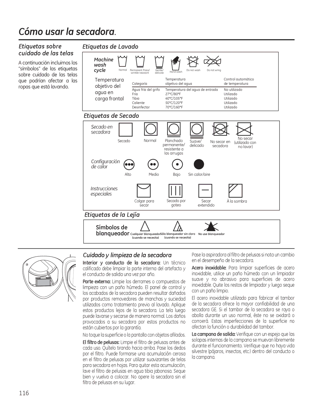 GE PFMS450, PFDS450 Etiquetas de Lavado, Etiquetas de Secado, Etiquetas de la Lejía, Cuidado y limpieza de la secadora 