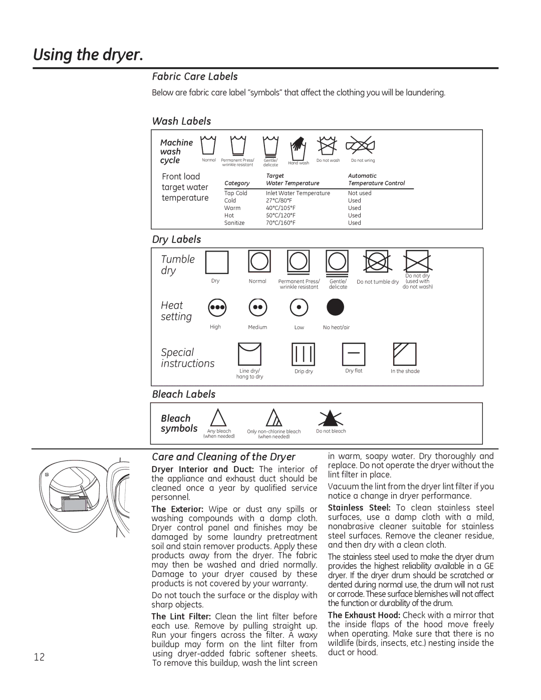 GE PFMS450, PFDS450, PFDN440 Fabric Care Labels, Wash Labels, Dry Labels, Bleach Labels, Care and Cleaning of the Dryer 