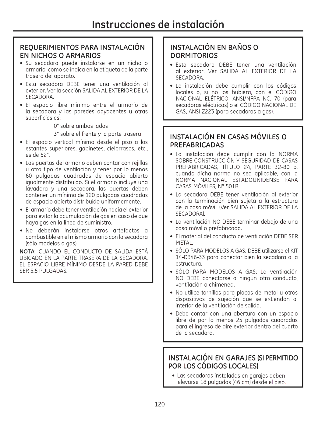 GE PFDS450, PFDN440, PFMN445, PFDS455 Instalación EN Baños O Dormitorios, Instalación EN Casas Móviles O Prefabricadas 