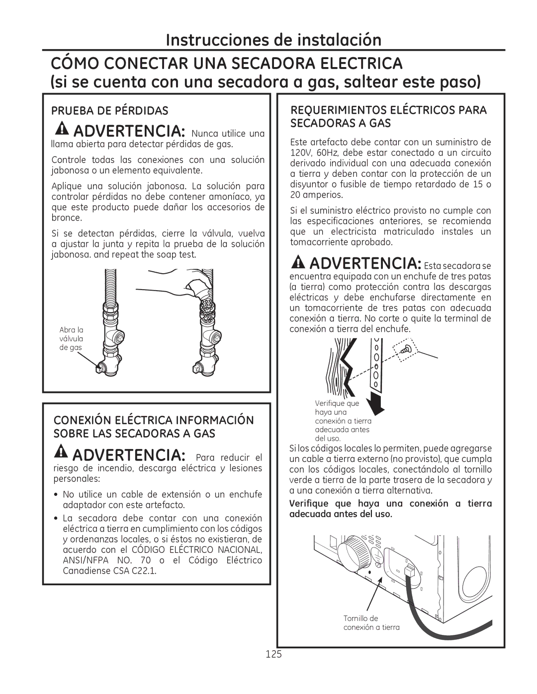 GE PFMN440 Cómo Conectar UNA Secadora Electrica, Prueba DE Pérdidas, Secadoras a GAS, Conexión Eléctrica Información 