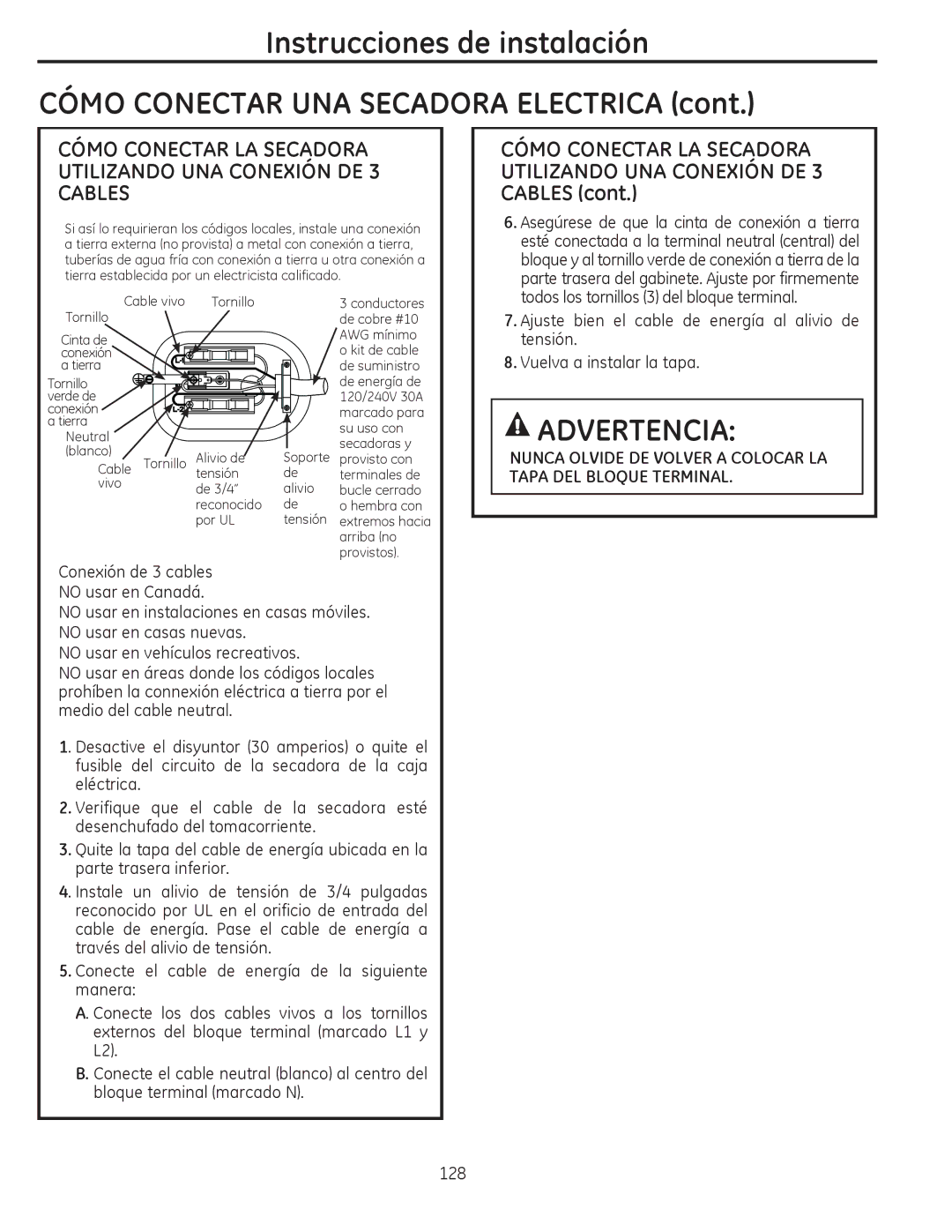 GE PFDS450, PFDN440 Todos los tornillos 3 del bloque terminal, Ajuste bien el cable de energía al alivio de, Tensión 