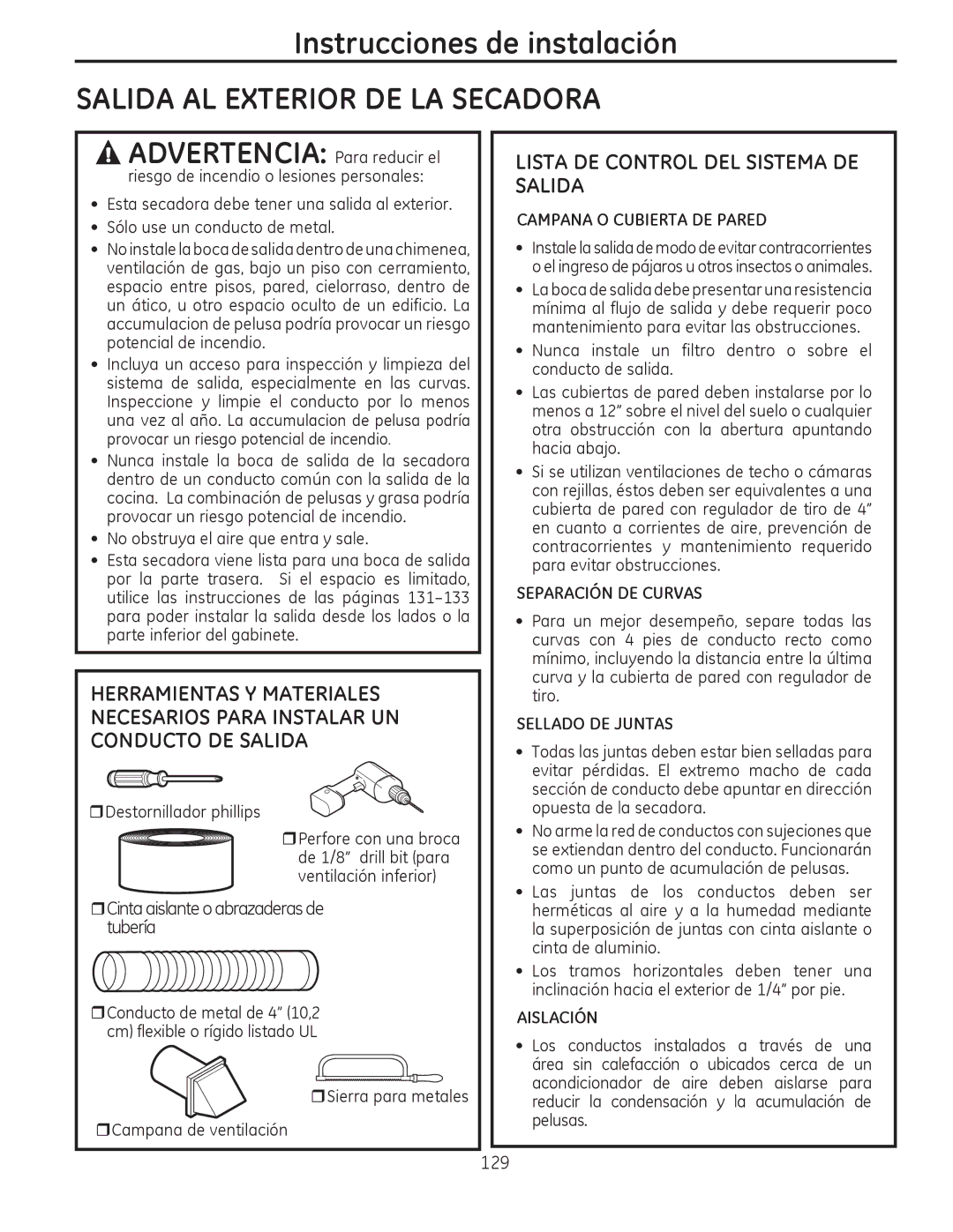 GE PFDN440, PFDS450, PFMN445, PFDS455, PFMS450 Salida AL Exterior DE LA Secadora, Lista DE Control DEL Sistema DE Salida 