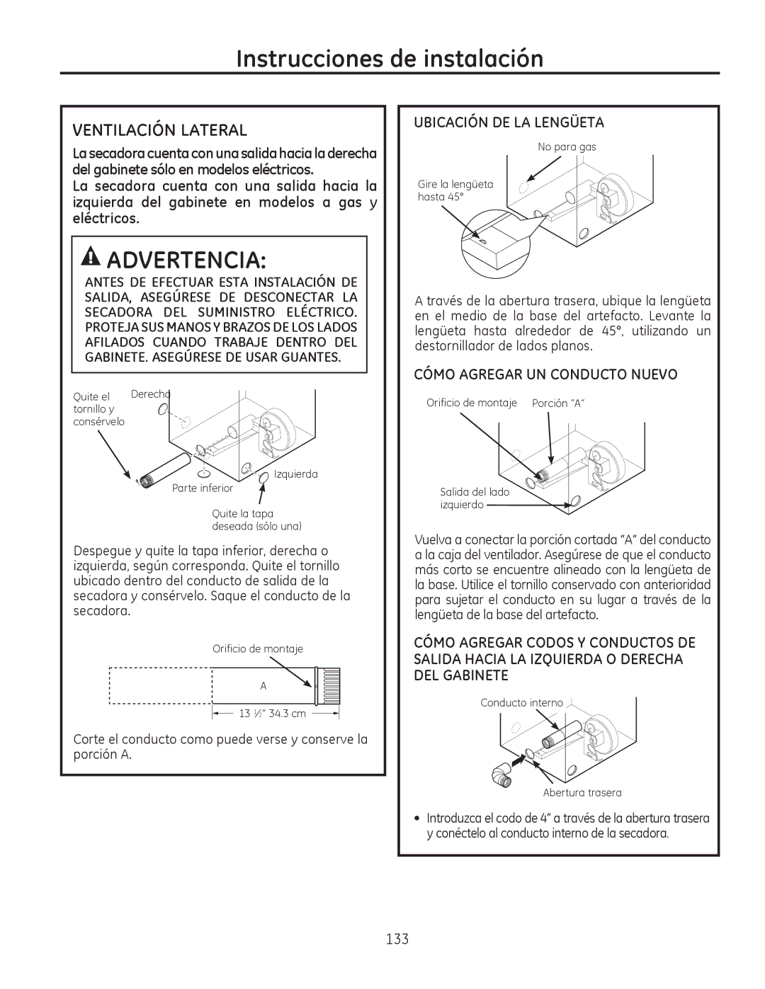 GE PFMN440, PFDS450, PFDN440, PFMN445 Ventilación Lateral, Corte el conducto como puede verse y conserve la porción a 