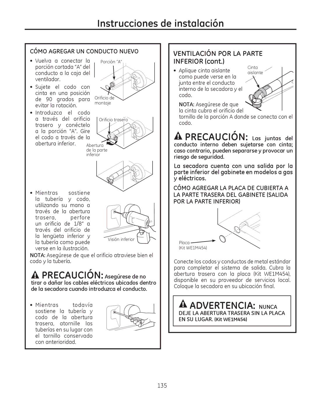 GE PFMS455, PFDS450, PFDN440 Advertencia Nunca, Ventilación POR LA Parte, Aplique cinta aislante, Como puede verse en la 