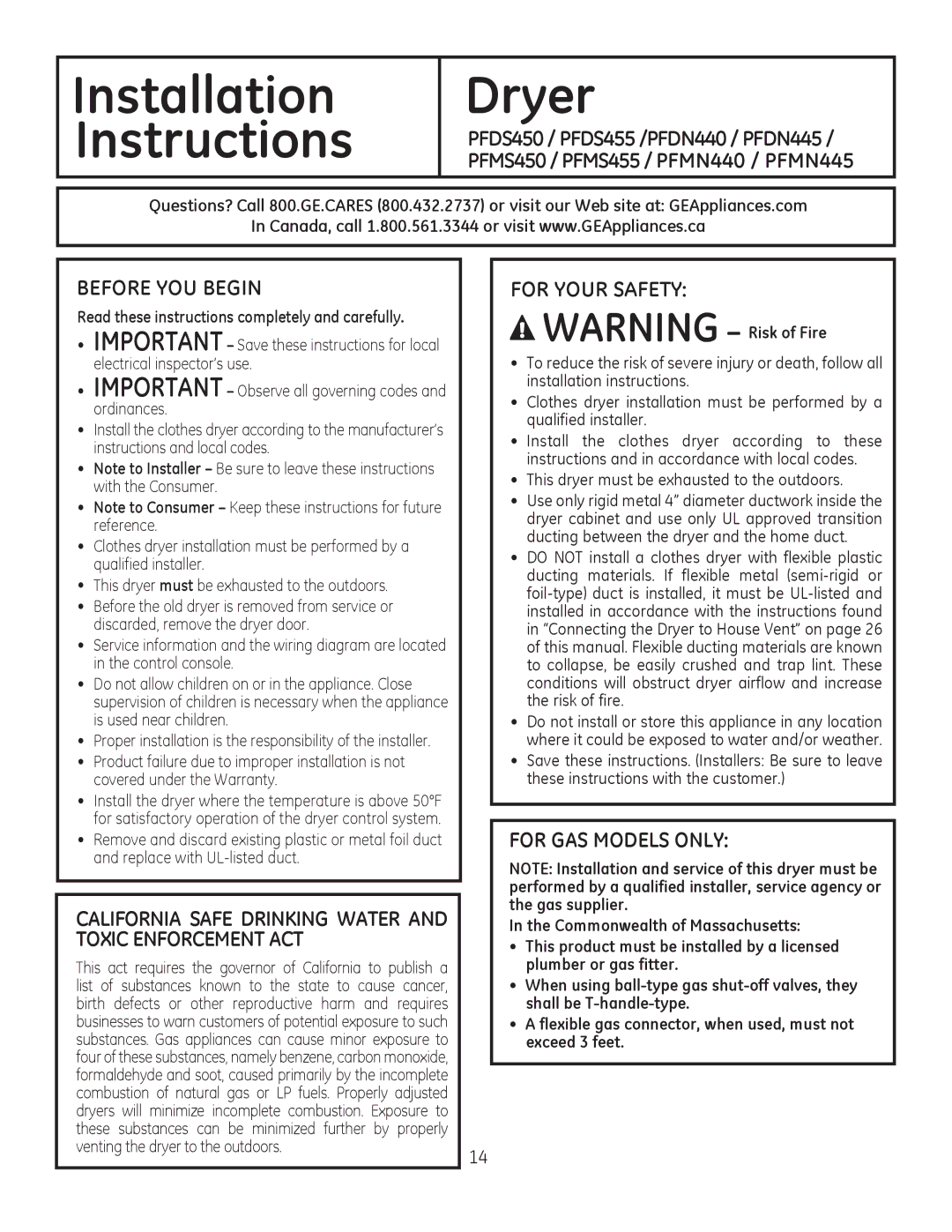 GE PFDN445, PFDS450, PFDN440, PFMN445, PFDS455, PFMS450, PFMN440, PFMS455 Before YOU Begin, For Your Safety, For GAS Models only 