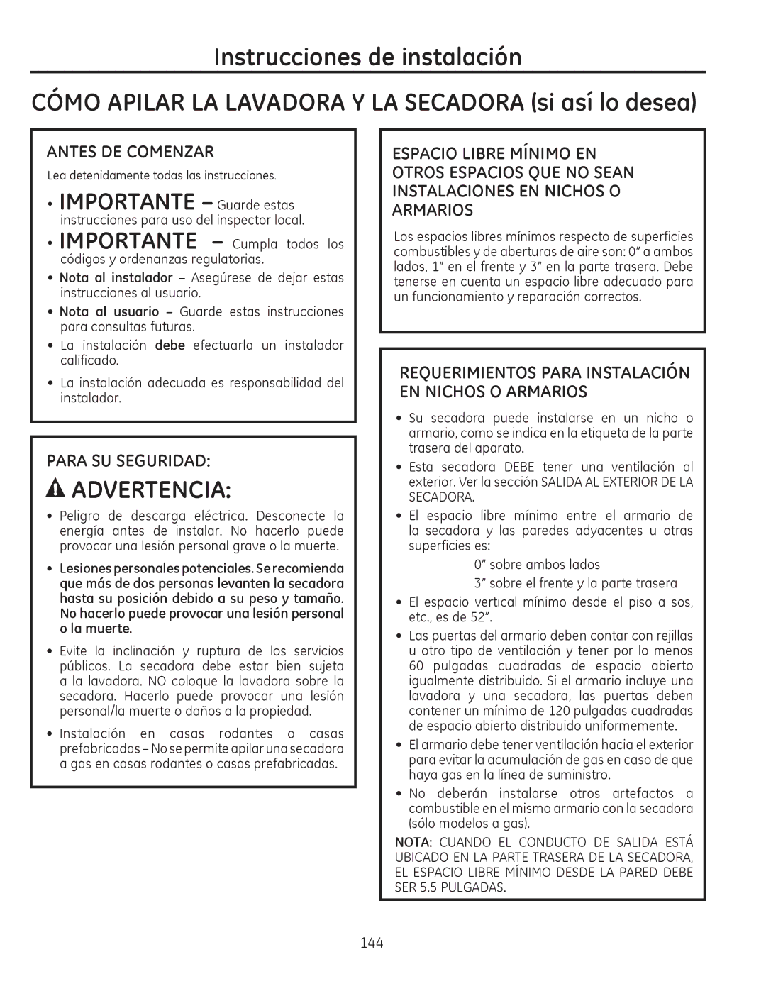 GE PFDS450, PFDN440, PFMN445, PFDS455, PFMS450 Cómo Apilar LA Lavadora Y LA Secadora si así lo desea, Importante Guarde estas 