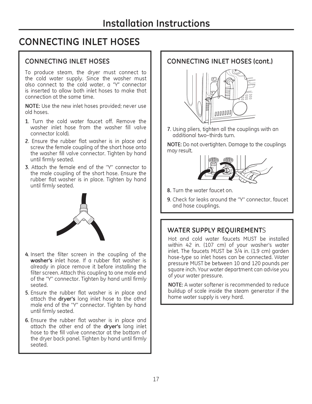 GE PFDN440, PFDS450, PFMN445, PFDS455, PFMS450, PFMN440, PFDN445, PFMS455 Connecting Inlet Hoses, Water Supply Requirements 