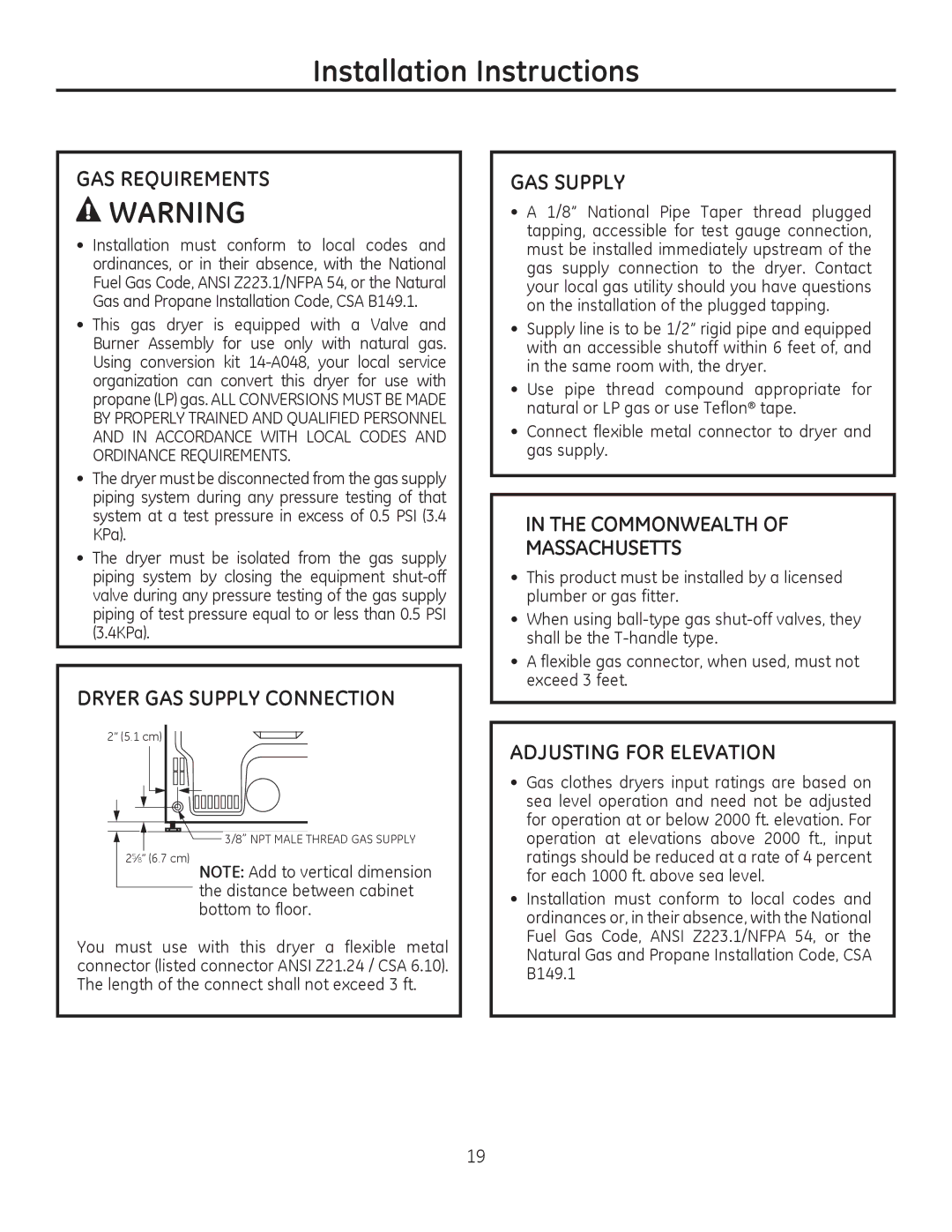 GE PFDS455, PFDS450 GAS Requirements, Dryer GAS Supply Connection, Commonwealth Massachusetts, Adjusting for Elevation 