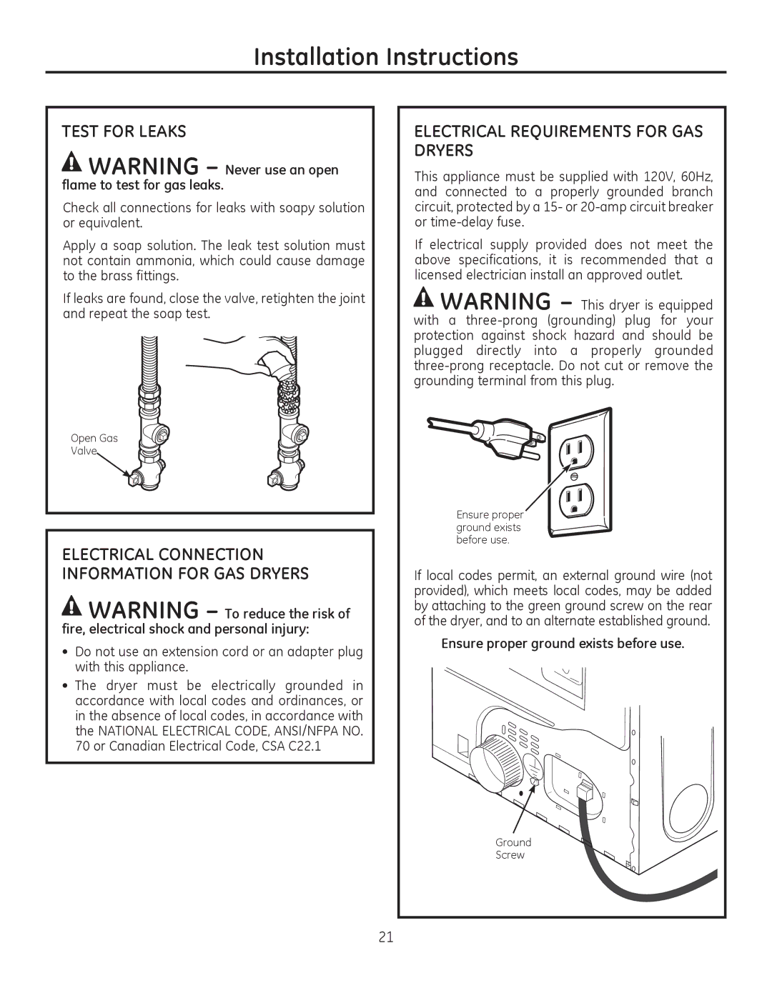 GE PFMN440 Test for Leaks, Electrical Requirements for GAS Dryers, Electrical Connection Information for GAS Dryers 