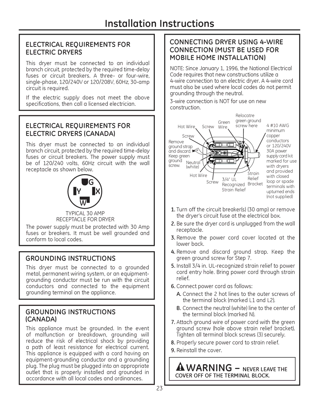 GE PFMS455, PFDS450, PFDN440, PFMN445, PFDS455 Grounding Instructions, Electrical Requirements for Electric Dryers Canada 