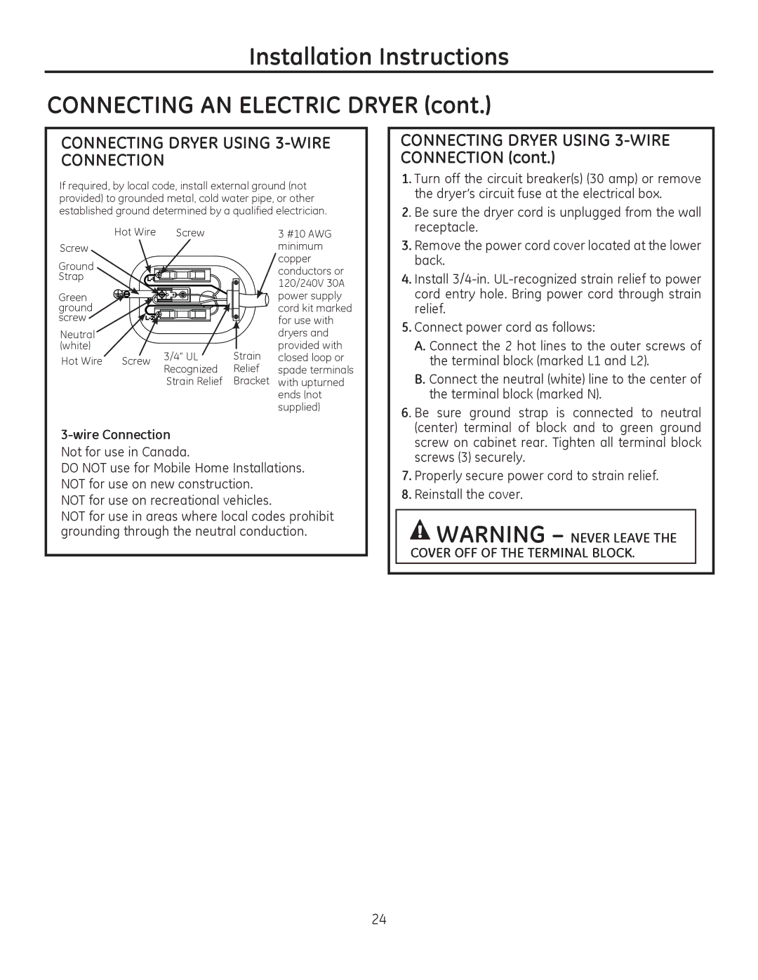 GE PFDS450, PFDN440, PFMN445, PFDS455 Connecting Dryer Using 3-WIRE Connection, Wire Connection, Not for use in Canada 