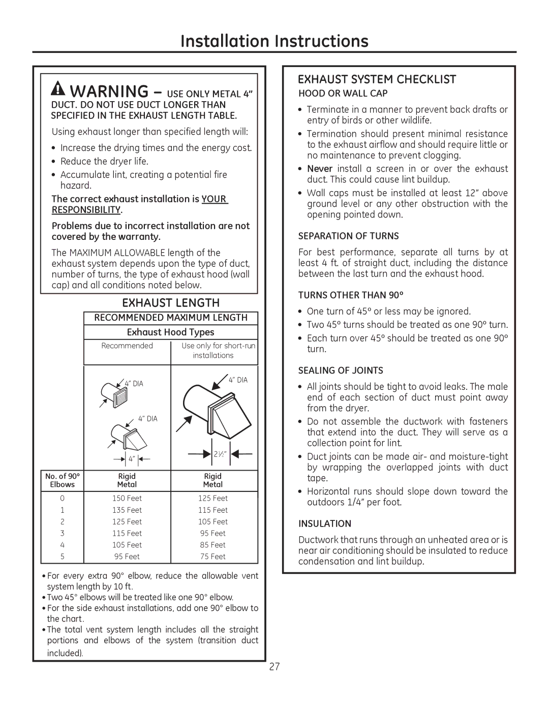 GE PFDS455, PFDS450, PFDN440, PFMN445 Exhaust Length, Recommended Maximum Length, Exhaust Hood Types, Turns Other than 90º 
