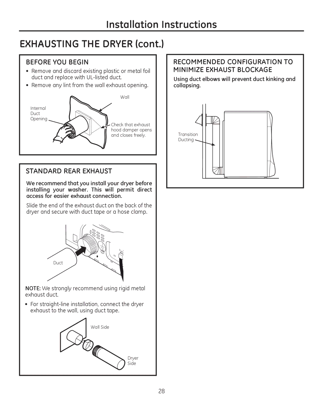 GE PFMS450, PFDS450, PFDN440, PFMN445, PFDS455 Standard Rear Exhaust, Recommended Configuration to Minimize Exhaust Blockage 