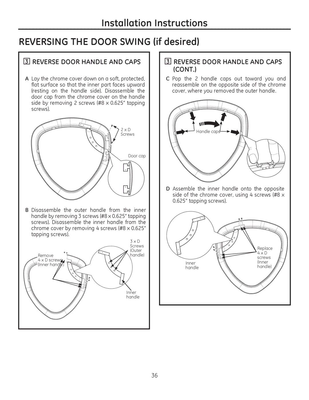 GE PFMS450, PFDS450, PFDN440, PFMN445, PFDS455, PFMN440, PFDN445, PFMS455 operating instructions Reverse Door Handle and Caps 