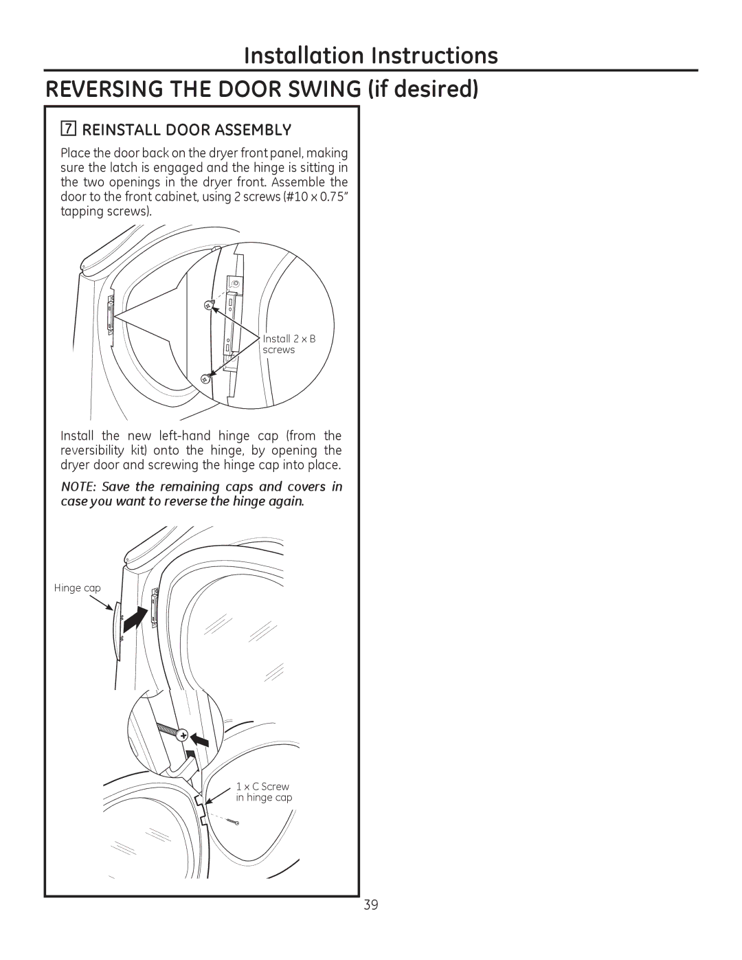 GE PFMS455, PFDS450, PFDN440, PFMN445, PFDS455, PFMS450, PFMN440, PFDN445 operating instructions Reinstall Door Assembly 