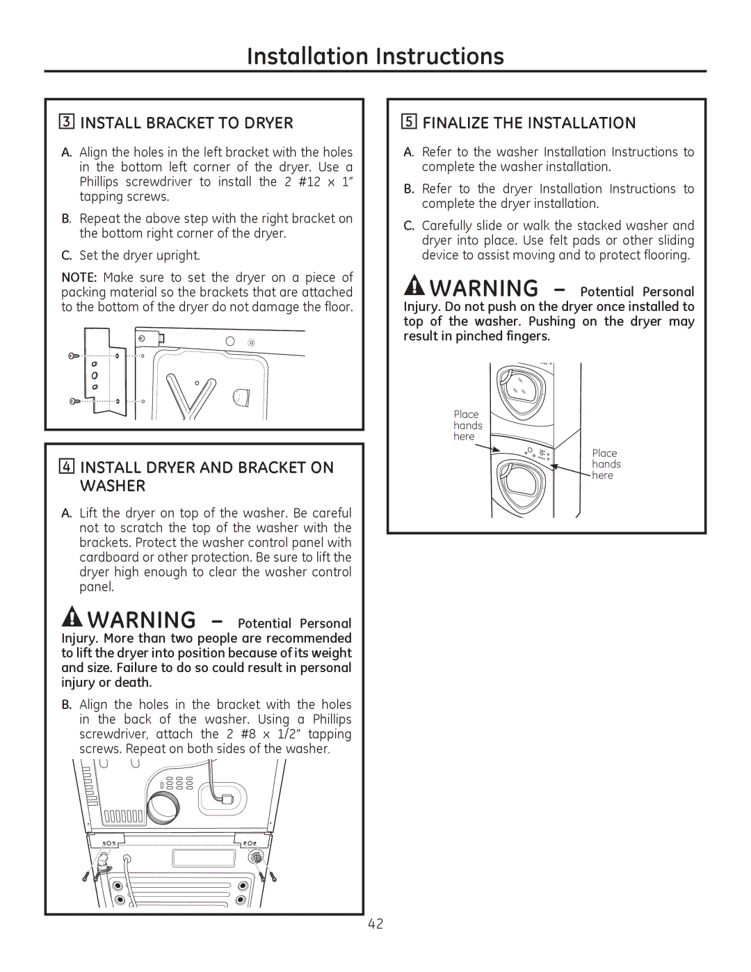 GE PFMN445, PFDS450, PFDN440 Install Bracket to Dryer, Install Dryer and Bracket on Washer, Finalize the Installation 